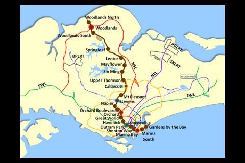 Map of Singapore's Thomson Line from Woodlands North to the Central Business District and Marina Bay.